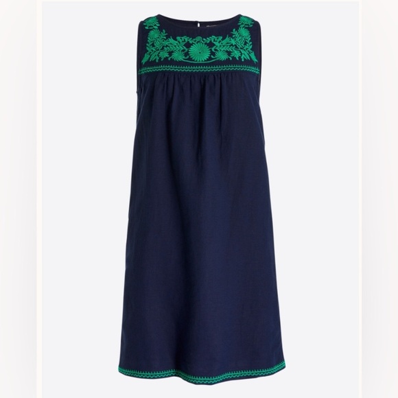 J. Crew Blue and Green Embroidered Linen Blend Sleeveless Sundress, Size Small - Picture 1 of 10